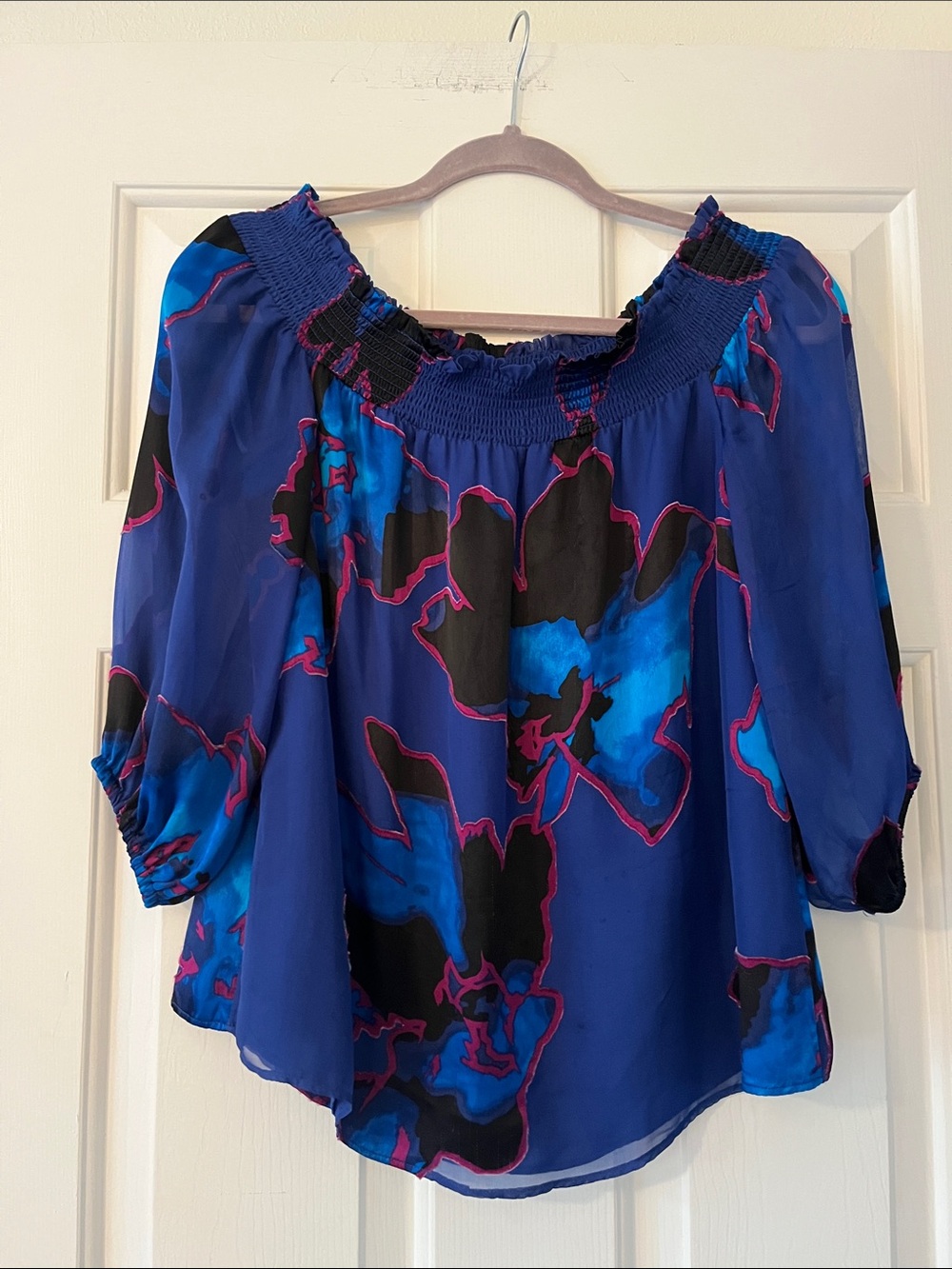 White House Black Market Blue Floral Off-Shoulder Blouse